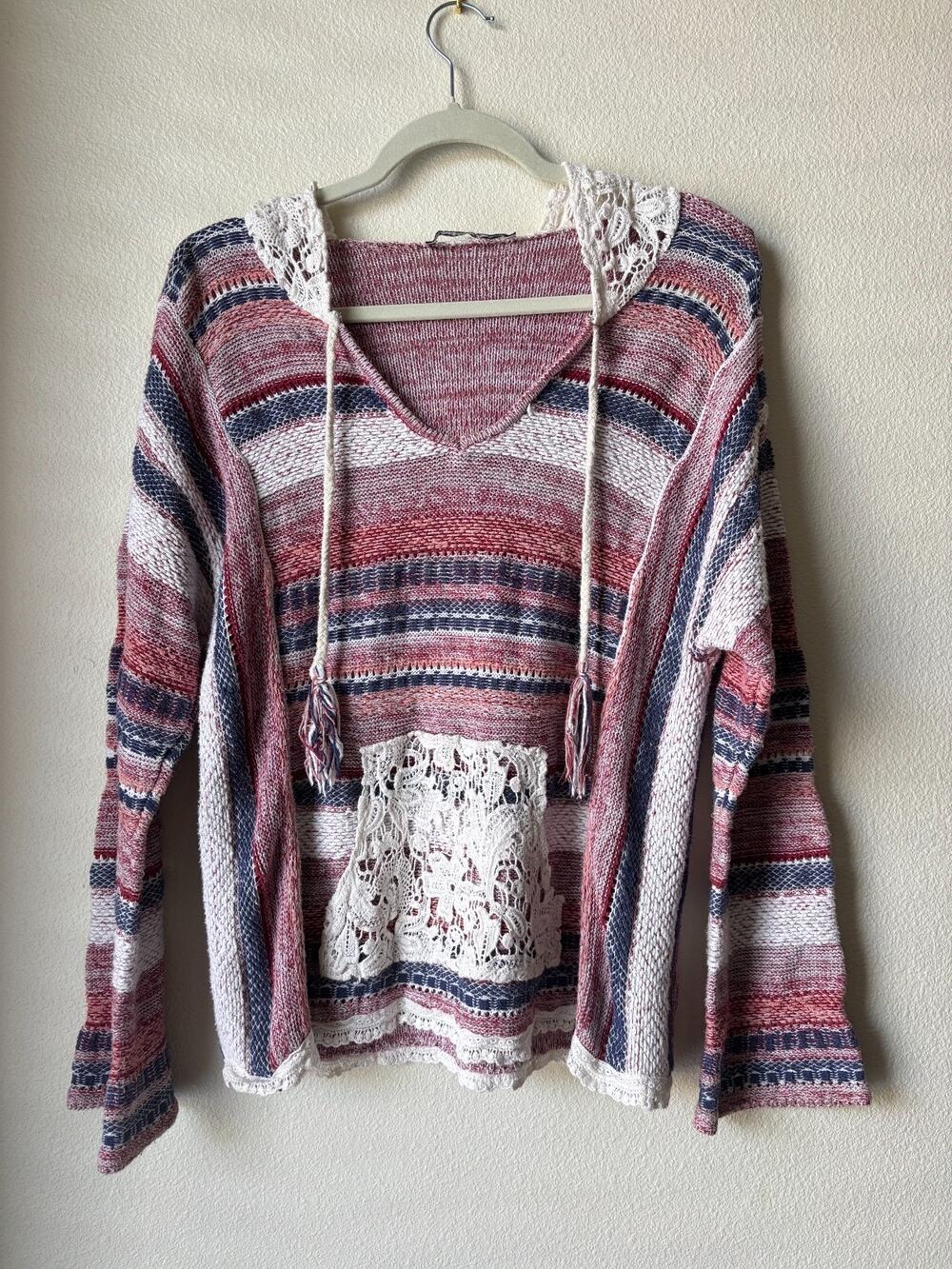 American Rag Cie Hoodie Womens Red Stripe Crochet Lace Boho Indie Sweater Beach